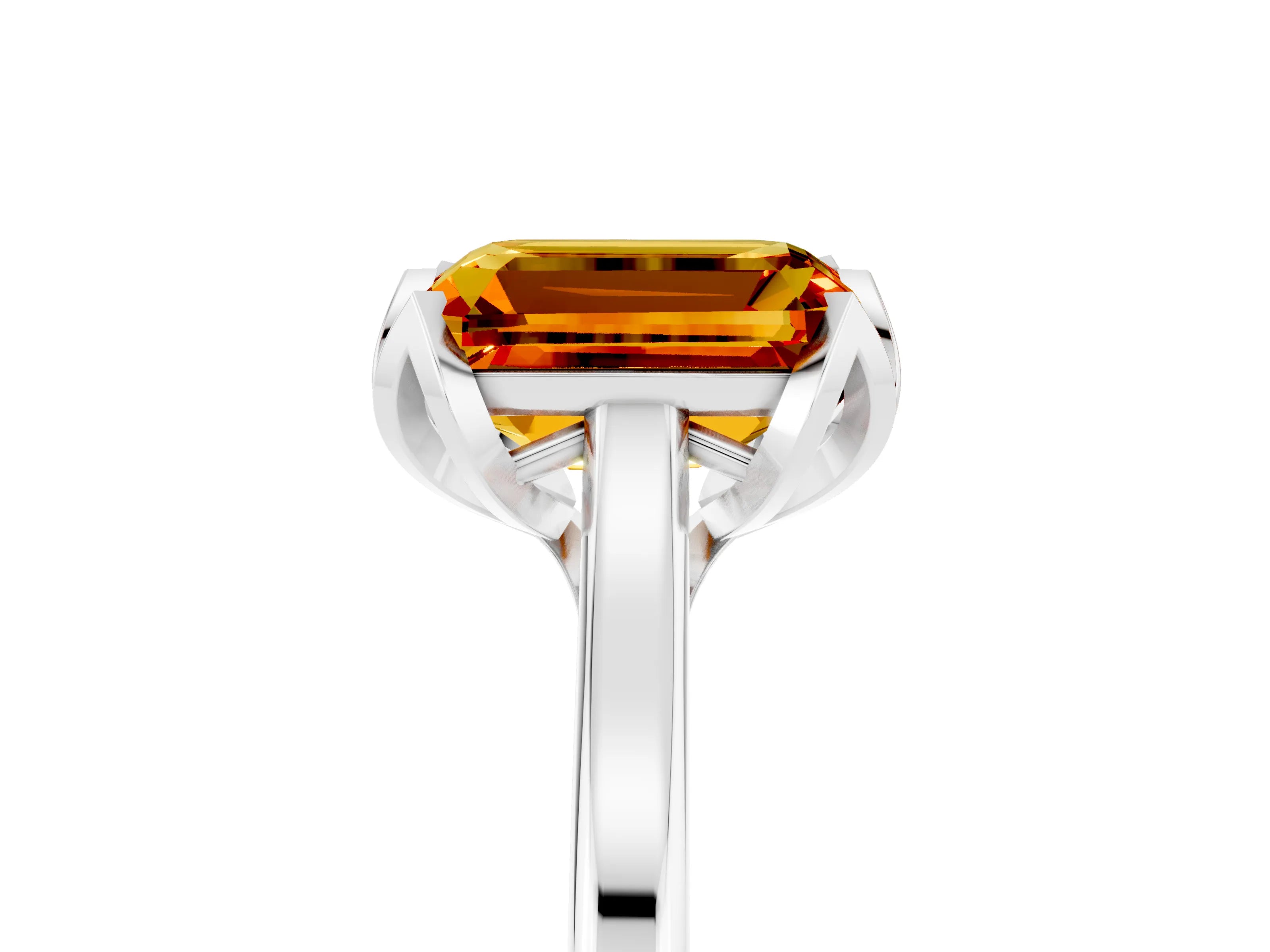 White gold Emerald Cut Citrine Solitaire Ring with Flower Prong Setting and Classic Band_17