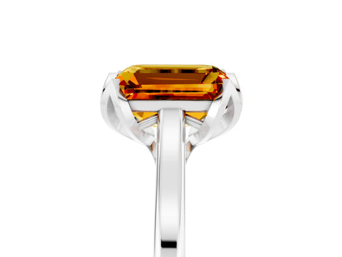White gold Emerald Cut Citrine Solitaire Ring with Flower Prong Setting and Classic Band_17
