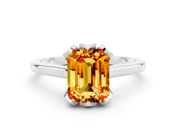 White gold Emerald Cut Citrine Solitaire Ring with Flower Prong Setting and Classic Band