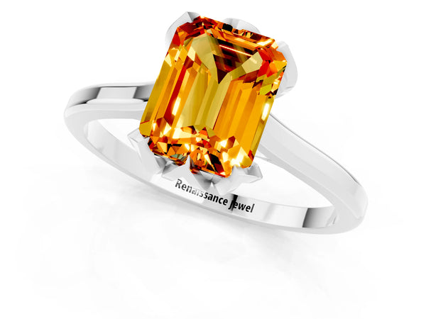 White gold Emerald Cut Citrine Solitaire Ring with Flower Prong Setting and Classic Band