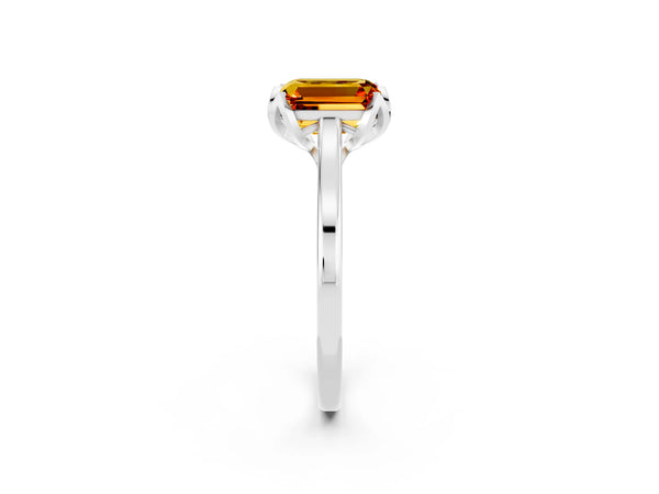 White gold Emerald Cut Citrine Solitaire Ring with Flower Prong Setting and Classic Band