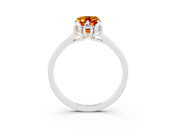 White gold Emerald Cut Citrine Solitaire Ring with Flower Prong Setting and Classic Band