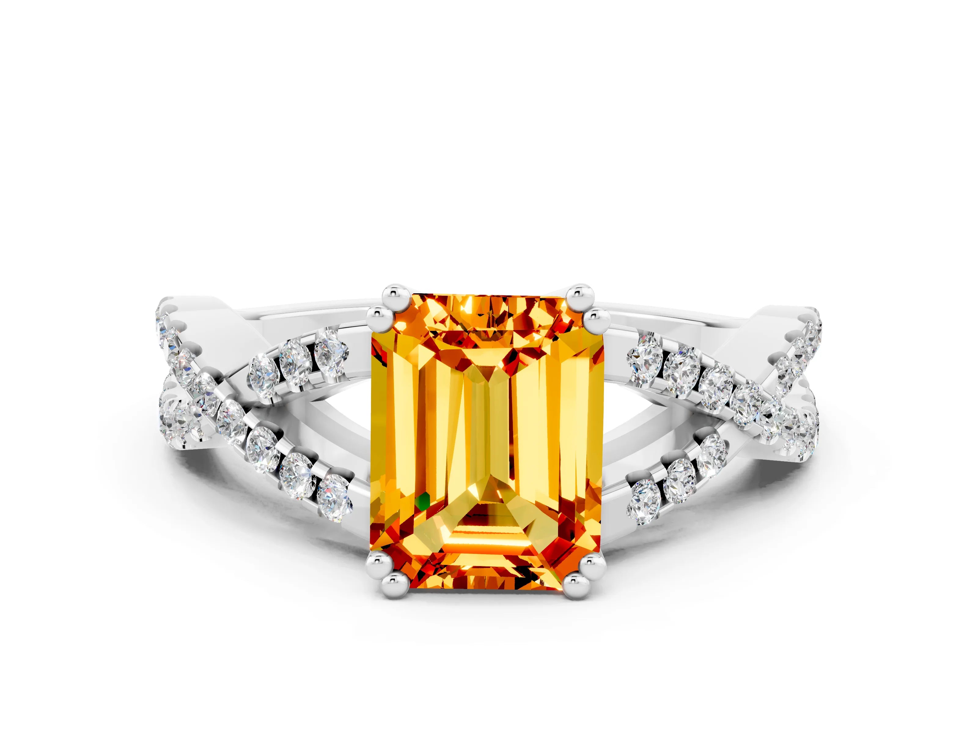 White gold Emerald Cut Citrine Solitaire Ring with Four-Prong Setting and Twisted Pavé Band