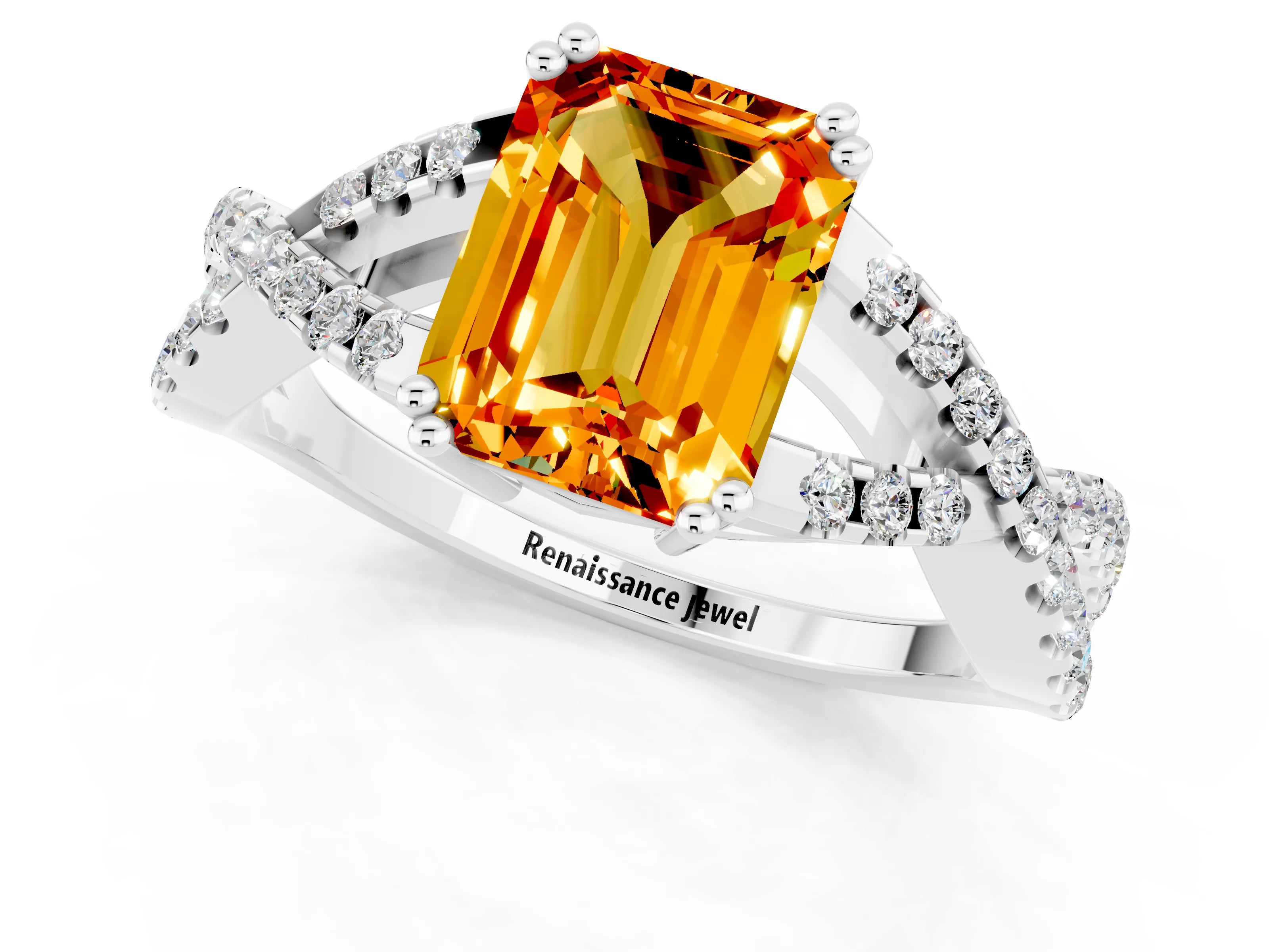 White gold Emerald Cut Citrine Solitaire Ring with Four-Prong Setting and Twisted Pavé Band_1
