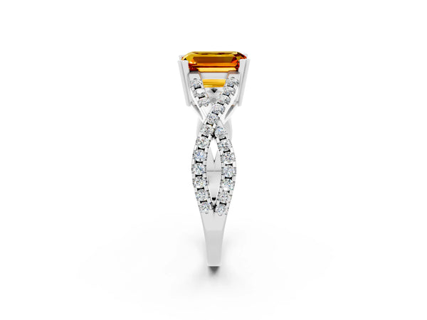 Platinum Emerald Cut Citrine Solitaire Ring with Four-Prong Setting and Twisted Pavé Band