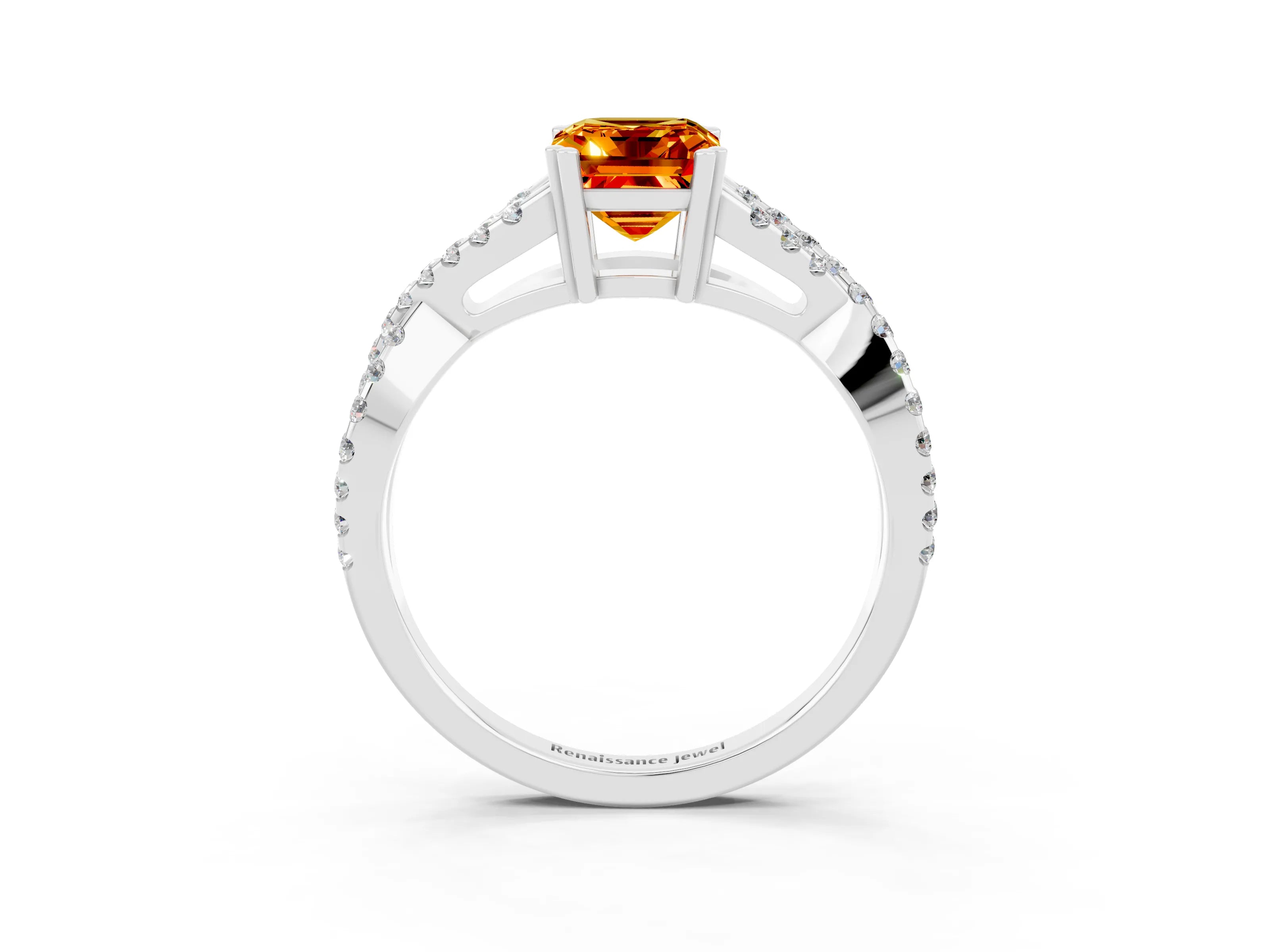 White gold Emerald Cut Citrine Solitaire Ring with Four-Prong Setting and Twisted Pavé Band_3