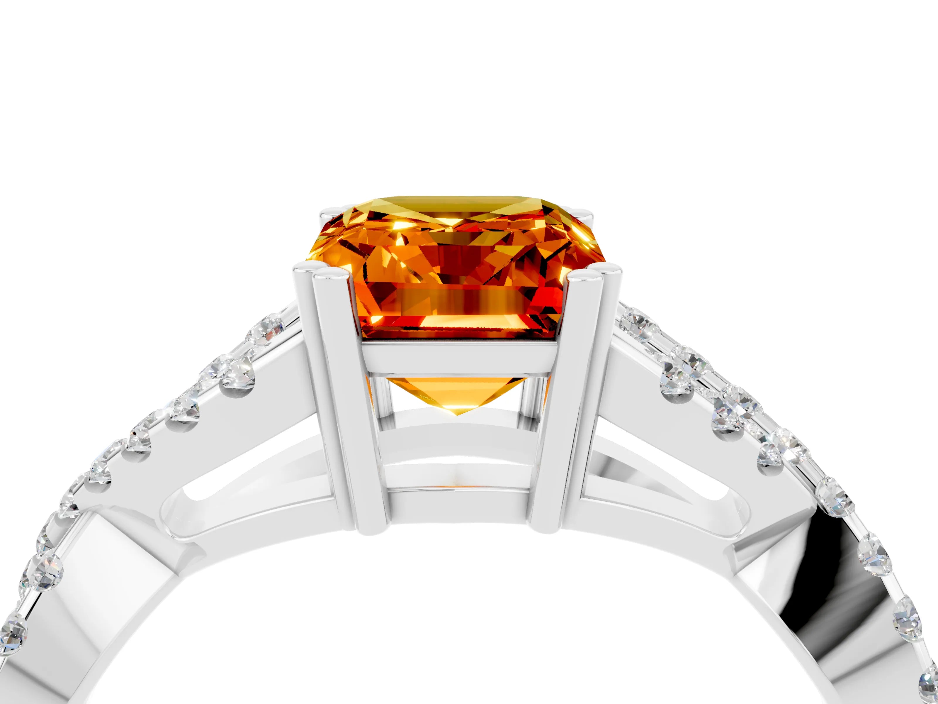 White gold Emerald Cut Citrine Solitaire Ring with Four-Prong Setting and Twisted Pavé Band_4