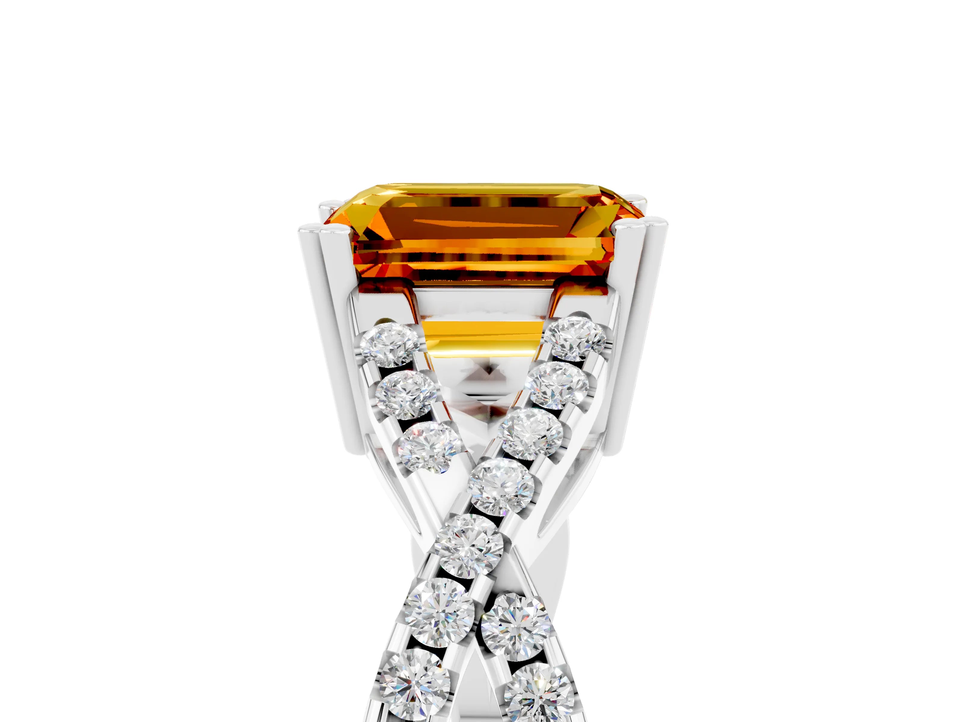 White gold Emerald Cut Citrine Solitaire Ring with Four-Prong Setting and Twisted Pavé Band_5