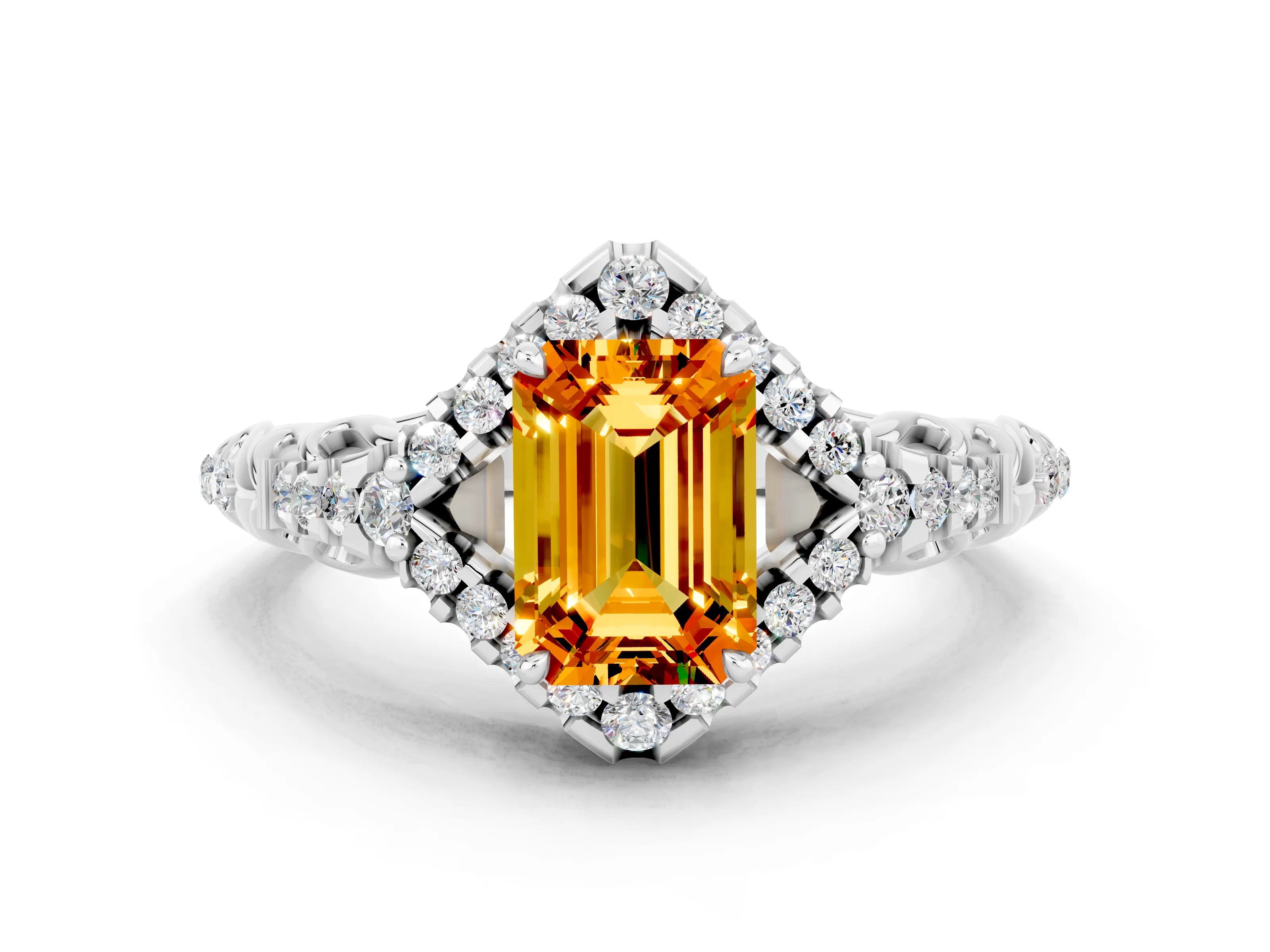 White gold Emerald Cut Citrine Solitaire Ring with Hidden Halo and Pavé Band_12