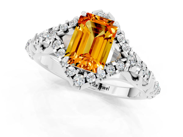 White gold Emerald Cut Citrine Solitaire Ring with Hidden Halo and Pavé Band