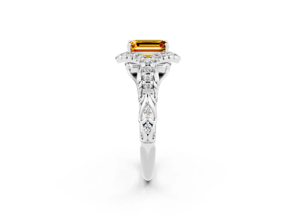 Silver Emerald Cut Citrine Solitaire Ring with Hidden Halo and Pavé Band