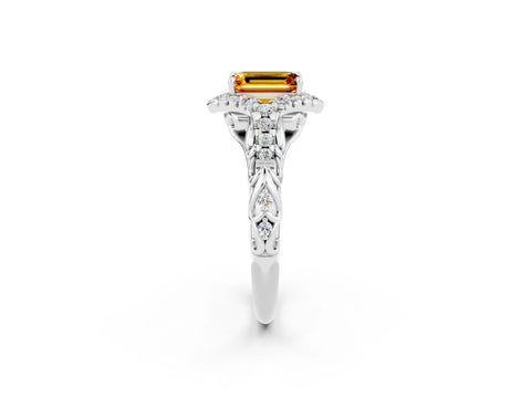 White gold Emerald Cut Citrine Solitaire Ring with Hidden Halo and Pavé Band_14