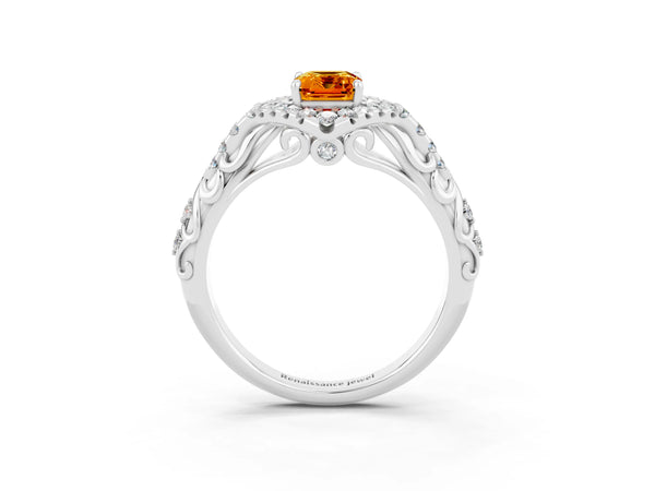 White gold Emerald Cut Citrine Solitaire Ring with Hidden Halo and Pavé Band