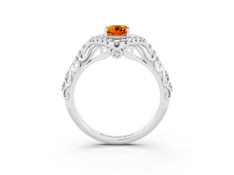White gold Emerald Cut Citrine Solitaire Ring with Hidden Halo and Pavé Band_15
