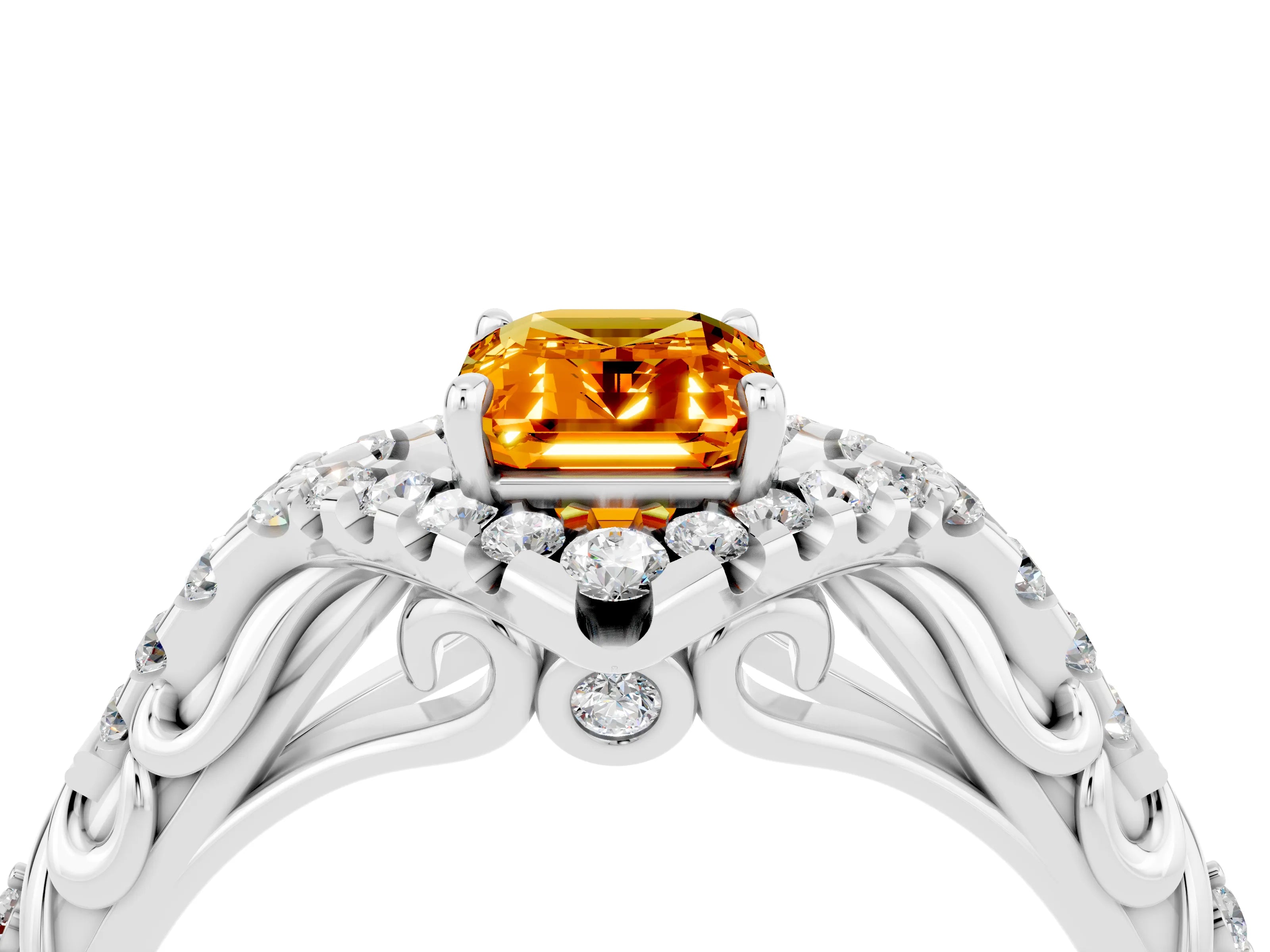 White gold Emerald Cut Citrine Solitaire Ring with Hidden Halo and Pavé Band_16