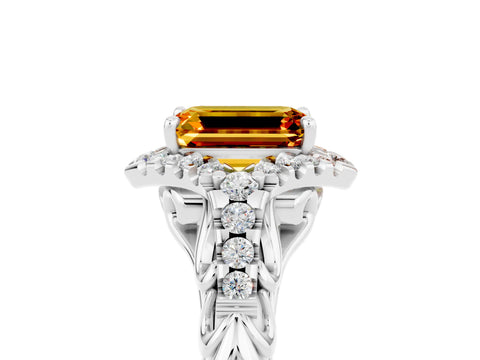 White gold Emerald Cut Citrine Solitaire Ring with Hidden Halo and Pavé Band_17