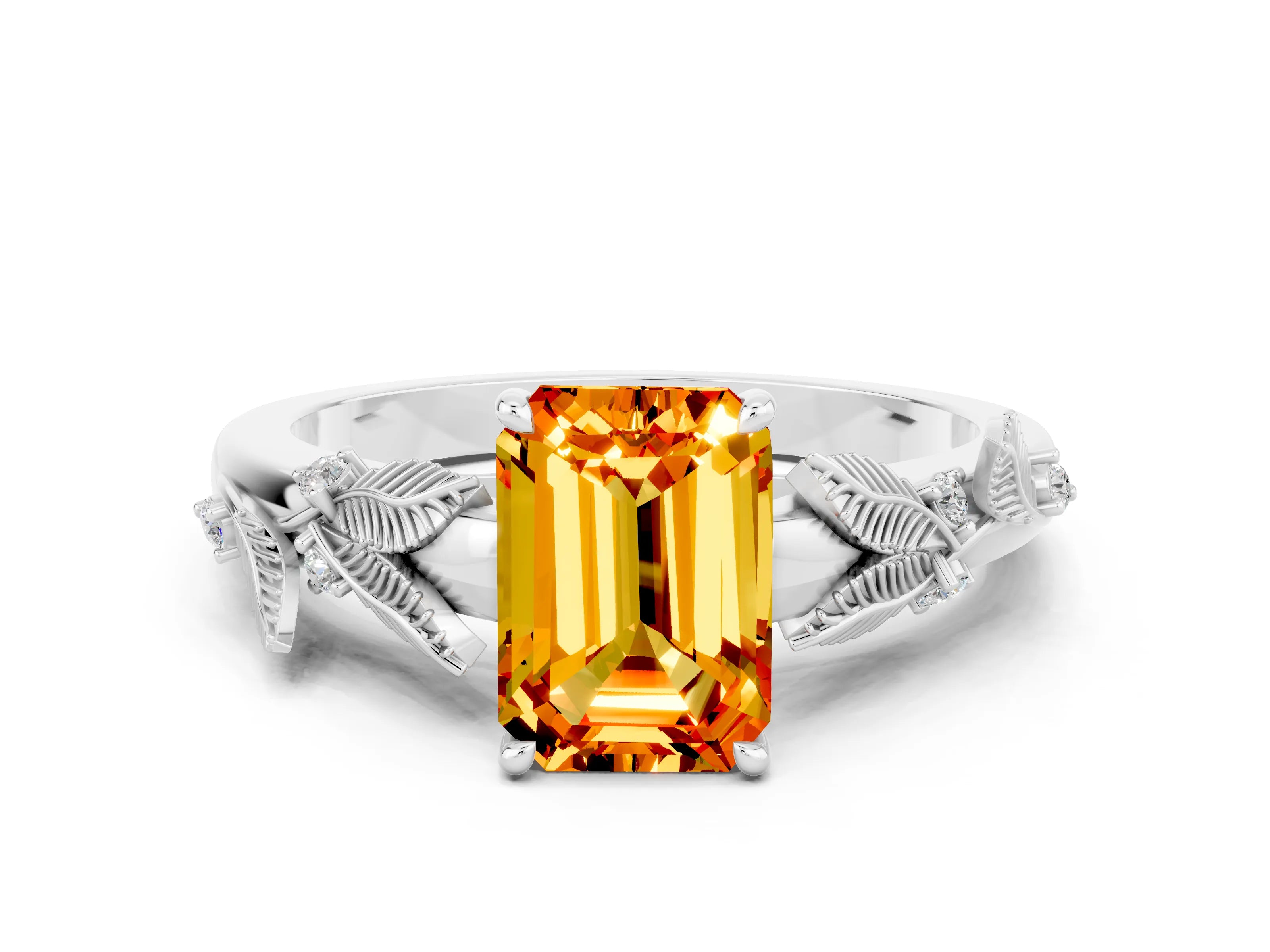 White gold Emerald Cut Citrine Solitaire Ring with Leaf Motif Band and Four-Prong Setting