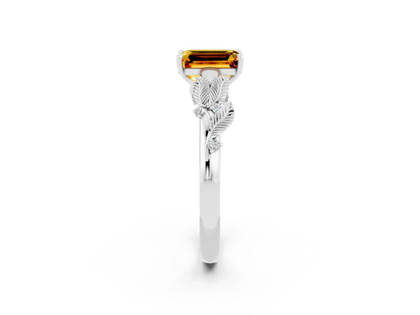 White gold Emerald Cut Citrine Solitaire Ring with Leaf Motif Band and Four-Prong Setting