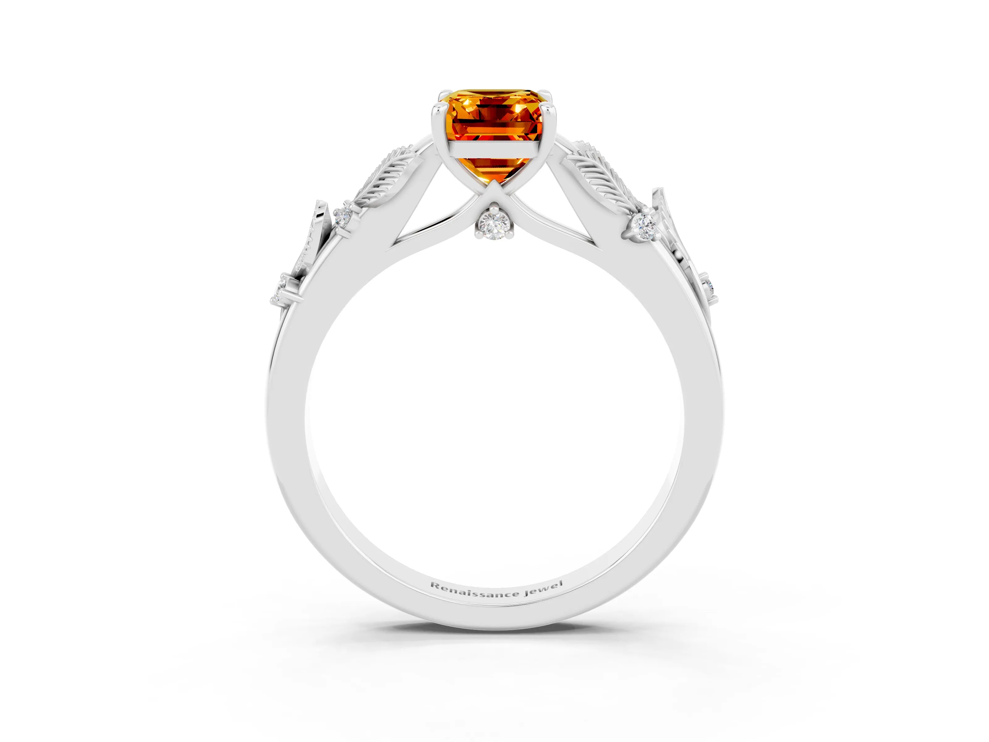 White gold Emerald Cut Citrine Solitaire Ring with Leaf Motif Band and Four-Prong Setting_15
