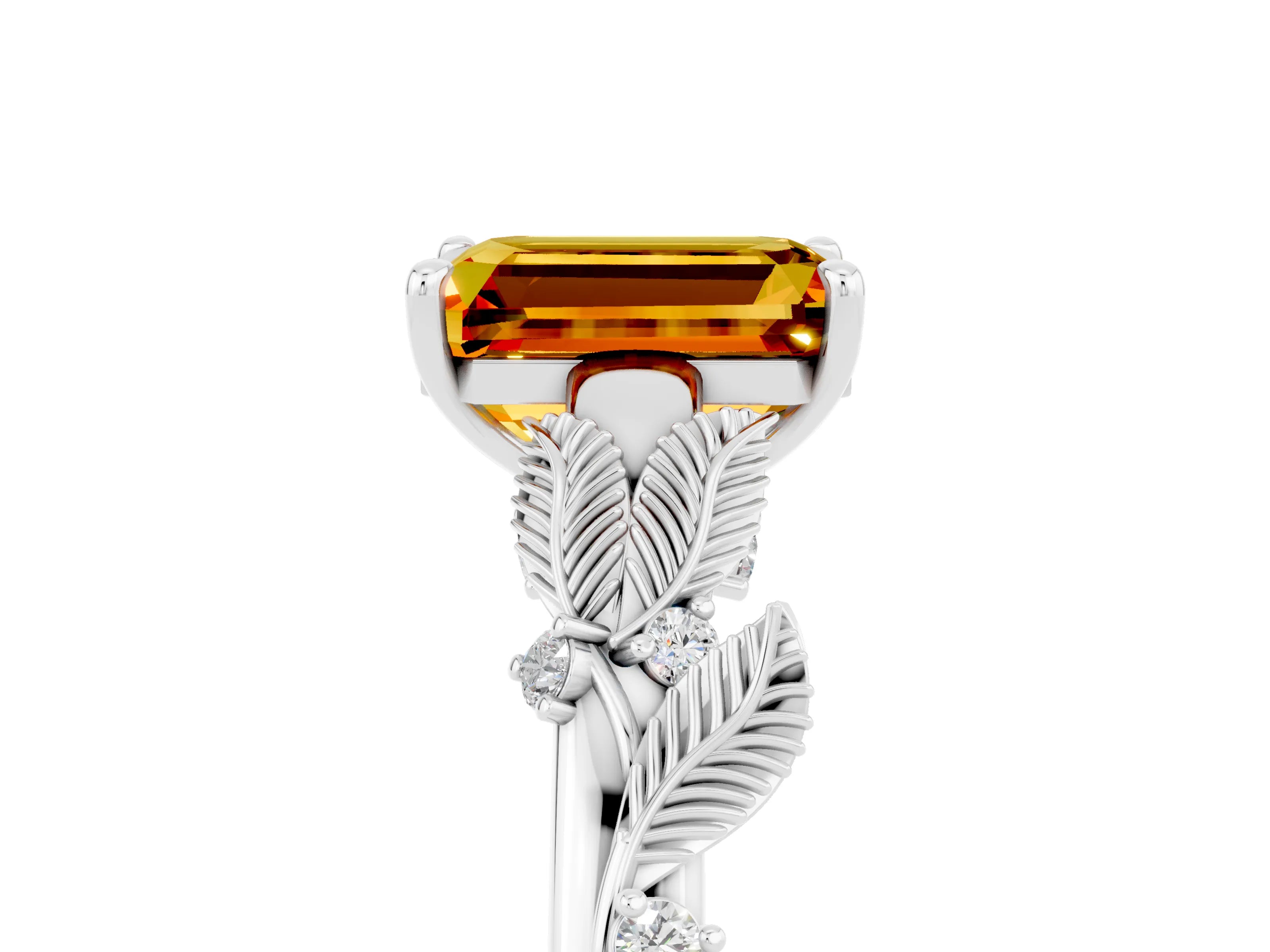 White gold Emerald Cut Citrine Solitaire Ring with Leaf Motif Band and Four-Prong Setting_17