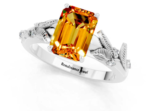 White gold Emerald Cut Citrine Solitaire Ring with Leaf Motif Band and Four-Prong Setting_1