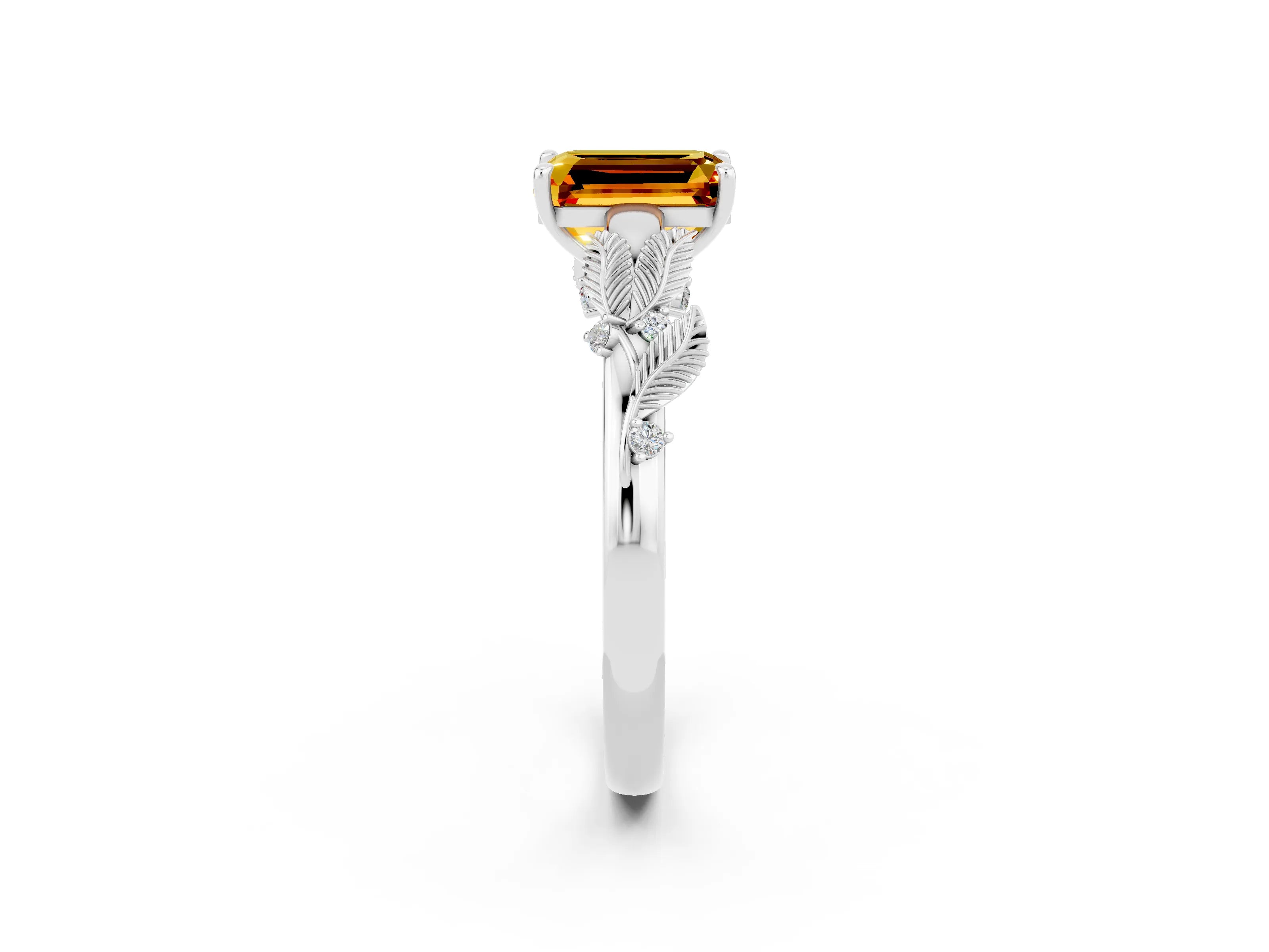 White gold Emerald Cut Citrine Solitaire Ring with Leaf Motif Band and Four-Prong Setting_2