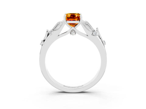 White gold Emerald Cut Citrine Solitaire Ring with Leaf Motif Band and Four-Prong Setting_3