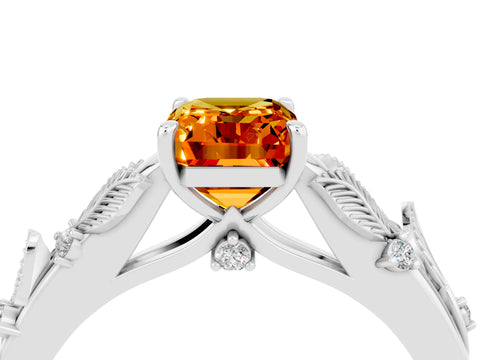 White gold Emerald Cut Citrine Solitaire Ring with Leaf Motif Band and Four-Prong Setting_4
