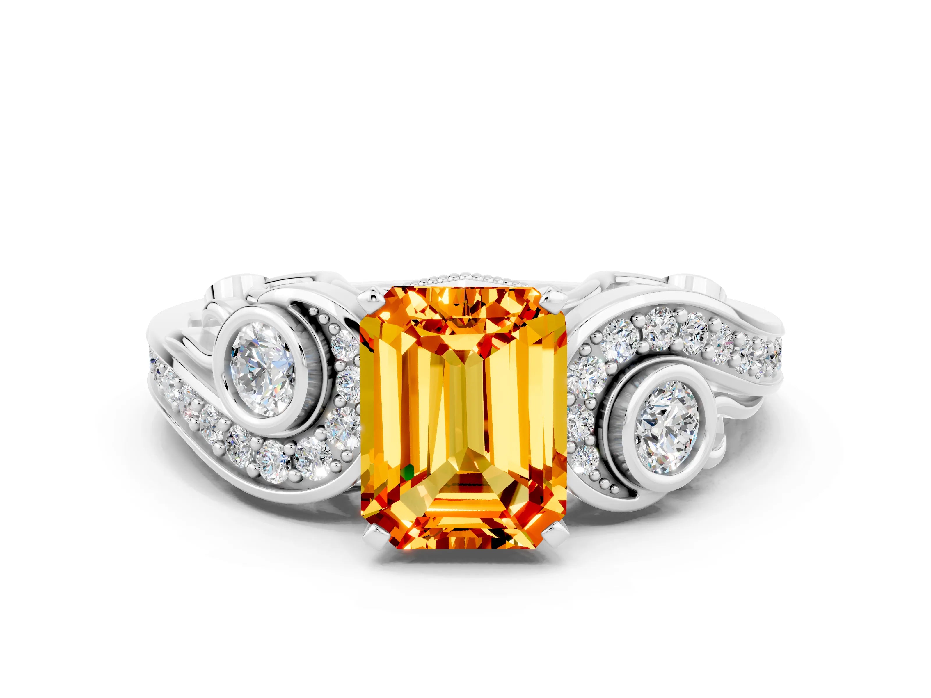 White gold Emerald Cut Citrine Solitaire Ring with Milgrain Pavé Band and Four-Prong Setting_12