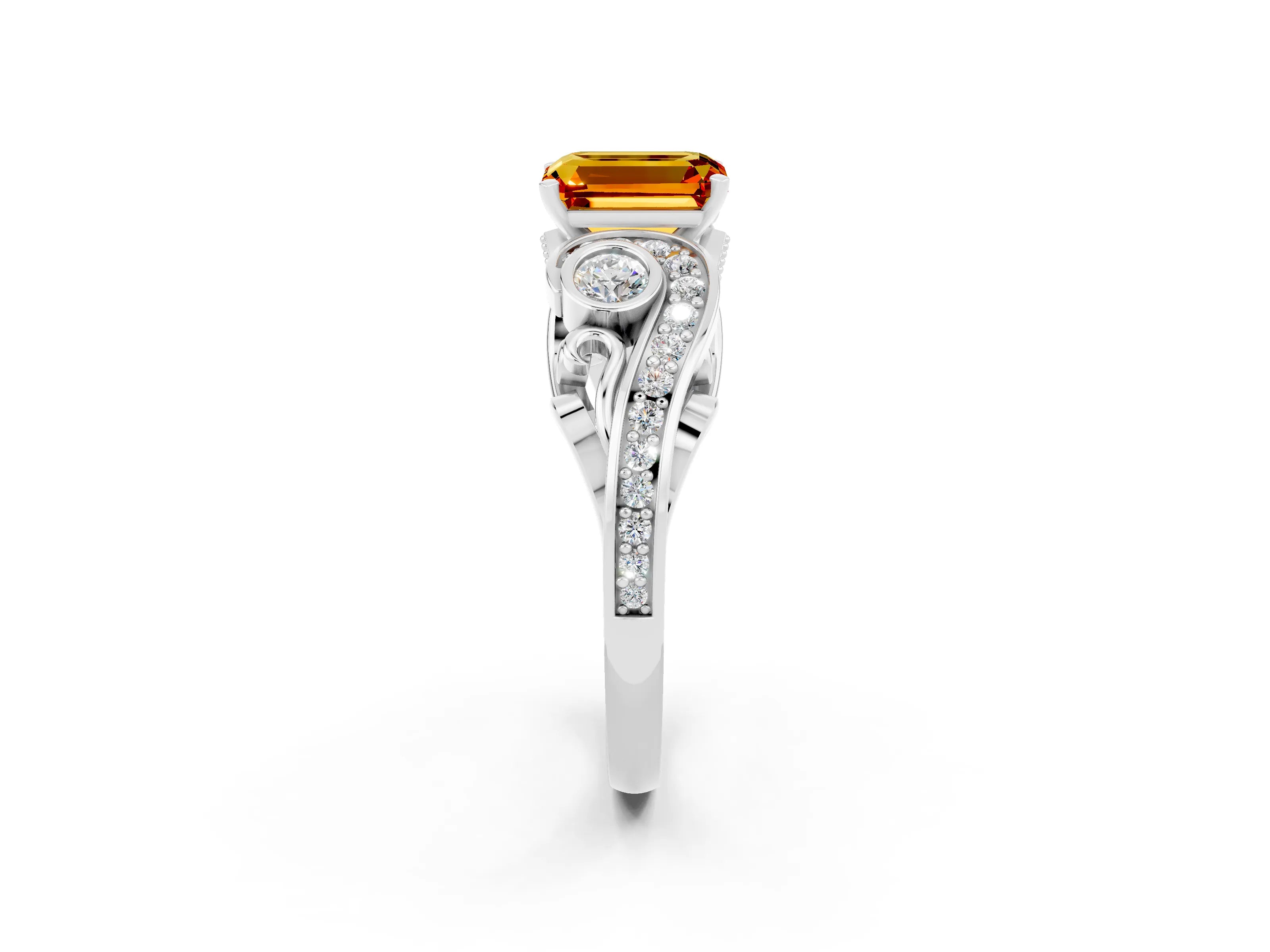 White gold Emerald Cut Citrine Solitaire Ring with Milgrain Pavé Band and Four-Prong Setting_14
