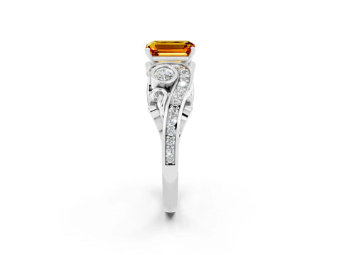 White gold Emerald Cut Citrine Solitaire Ring with Milgrain Pavé Band and Four-Prong Setting_14