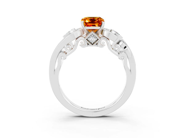 Platinum Emerald Cut Citrine Solitaire Ring with Milgrain Pavé Band and Four-Prong Setting