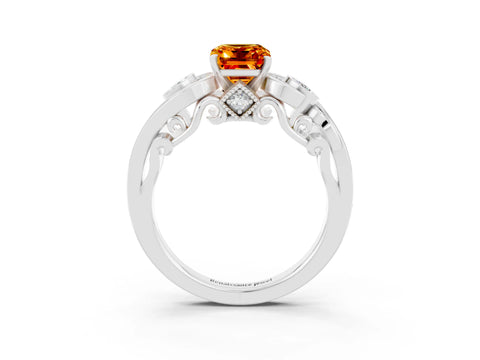 White gold Emerald Cut Citrine Solitaire Ring with Milgrain Pavé Band and Four-Prong Setting_15