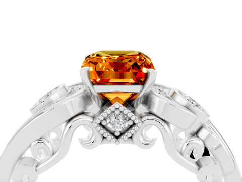 White gold Emerald Cut Citrine Solitaire Ring with Milgrain Pavé Band and Four-Prong Setting_16