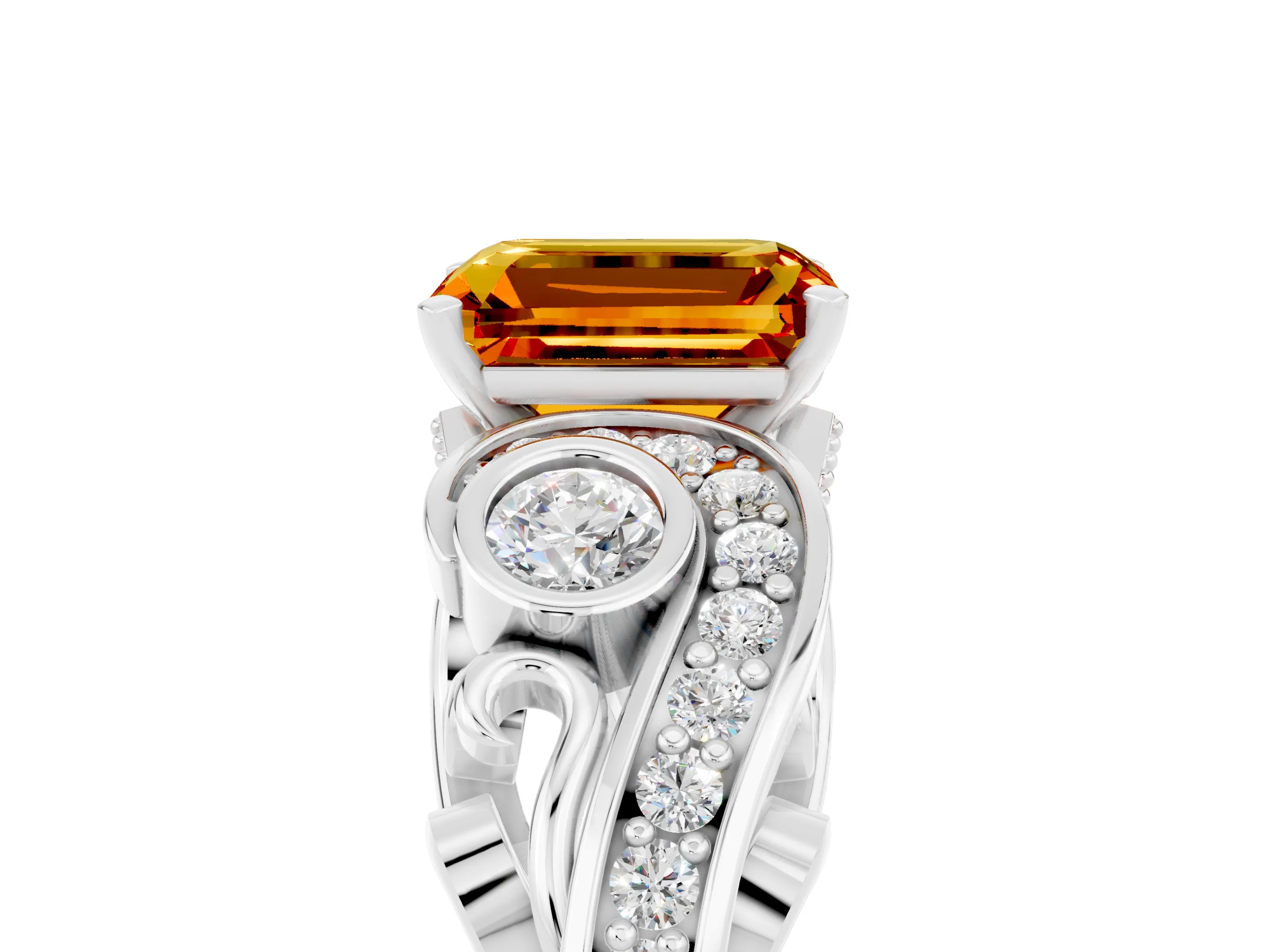 White gold Emerald Cut Citrine Solitaire Ring with Milgrain Pavé Band and Four-Prong Setting_17