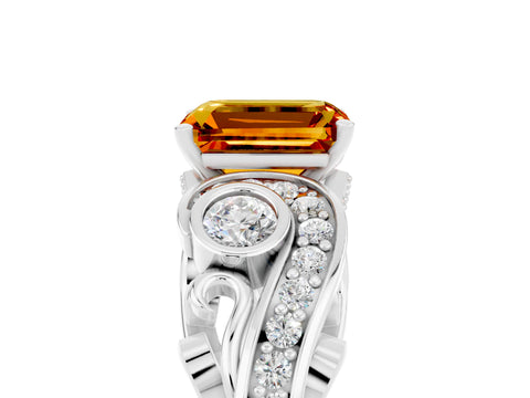 White gold Emerald Cut Citrine Solitaire Ring with Milgrain Pavé Band and Four-Prong Setting_17