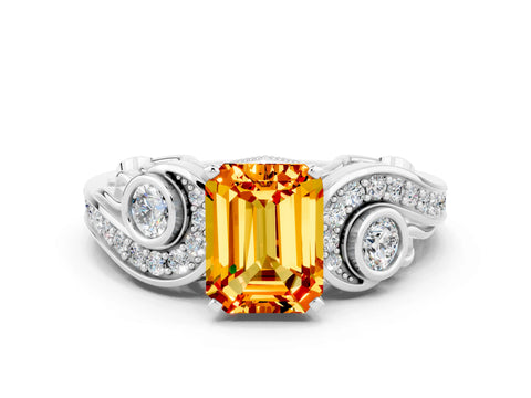 White gold Emerald Cut Citrine Solitaire Ring with Milgrain Pavé Band and Four-Prong Setting_48