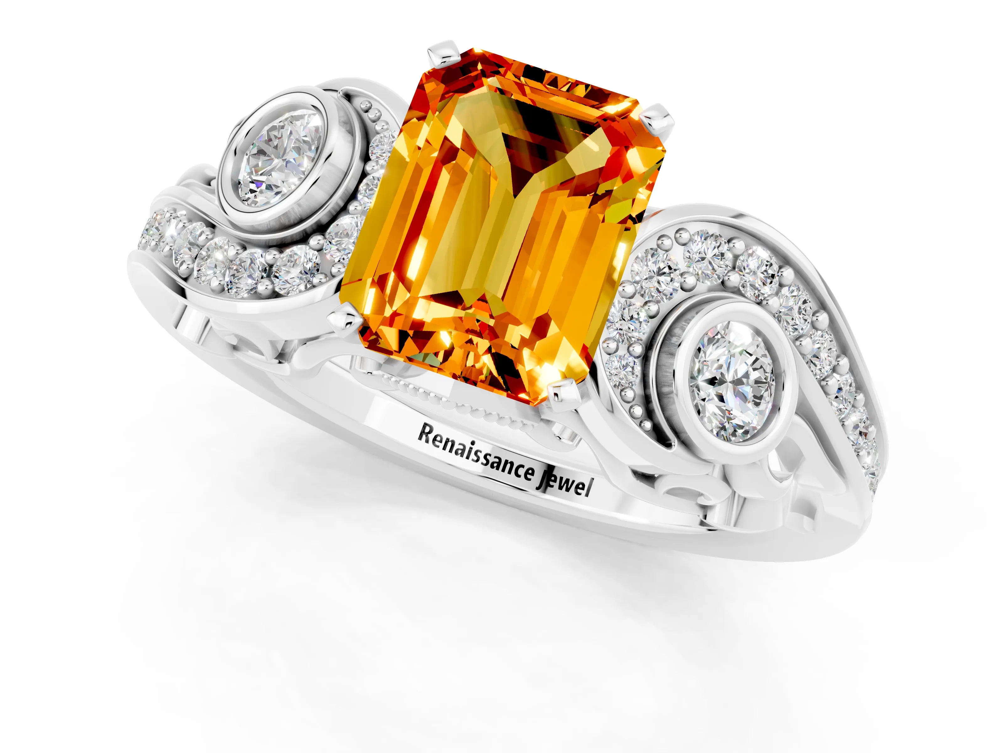 White gold Emerald Cut Citrine Solitaire Ring with Milgrain Pavé Band and Four-Prong Setting_49
