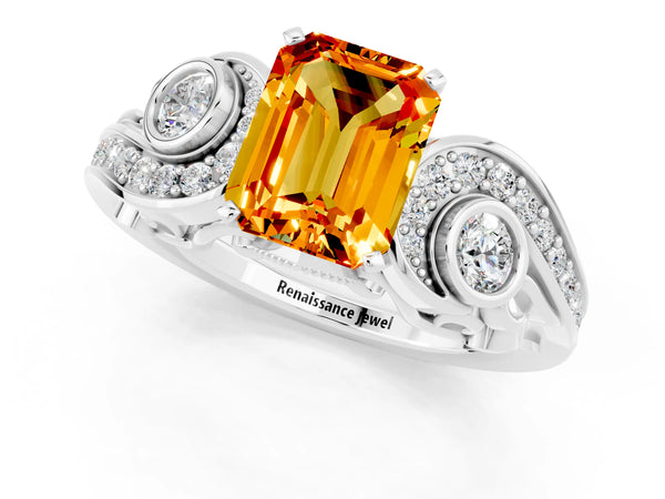 White gold Emerald Cut Citrine Solitaire Ring with Milgrain Pavé Band and Four-Prong Setting