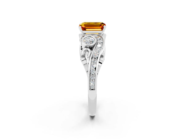 White gold Emerald Cut Citrine Solitaire Ring with Milgrain Pavé Band and Four-Prong Setting