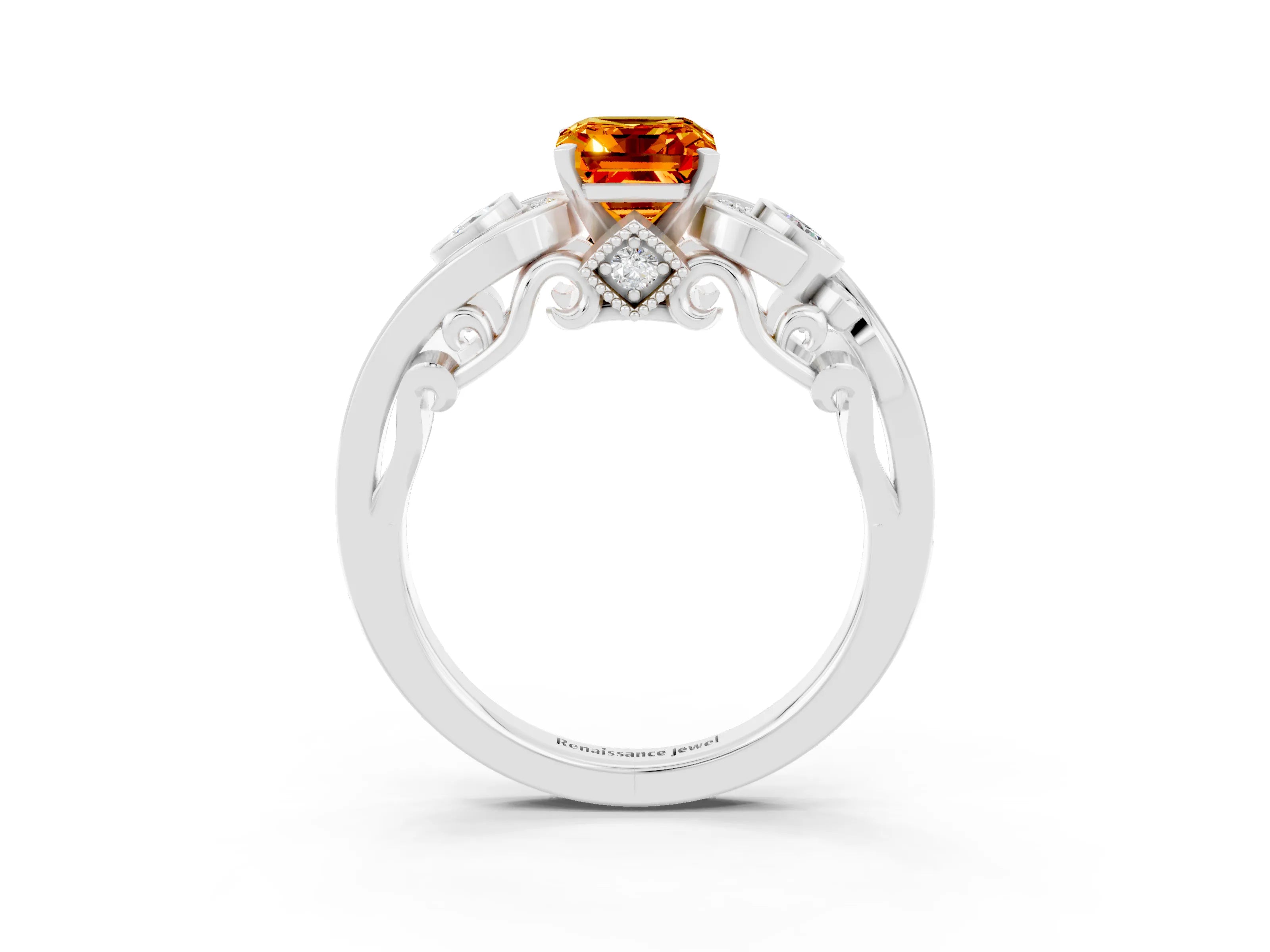 White gold Emerald Cut Citrine Solitaire Ring with Milgrain Pavé Band and Four-Prong Setting_51