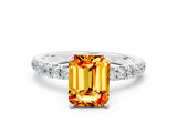 White gold Emerald Cut Citrine Solitaire Ring with Pavé Accents and Four-Prong Setting