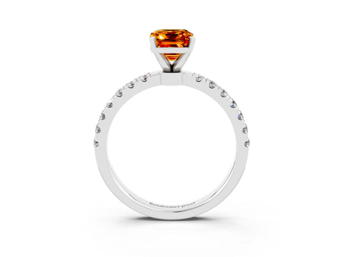 White gold Emerald Cut Citrine Solitaire Ring with Pavé Accents and Four-Prong Setting_3