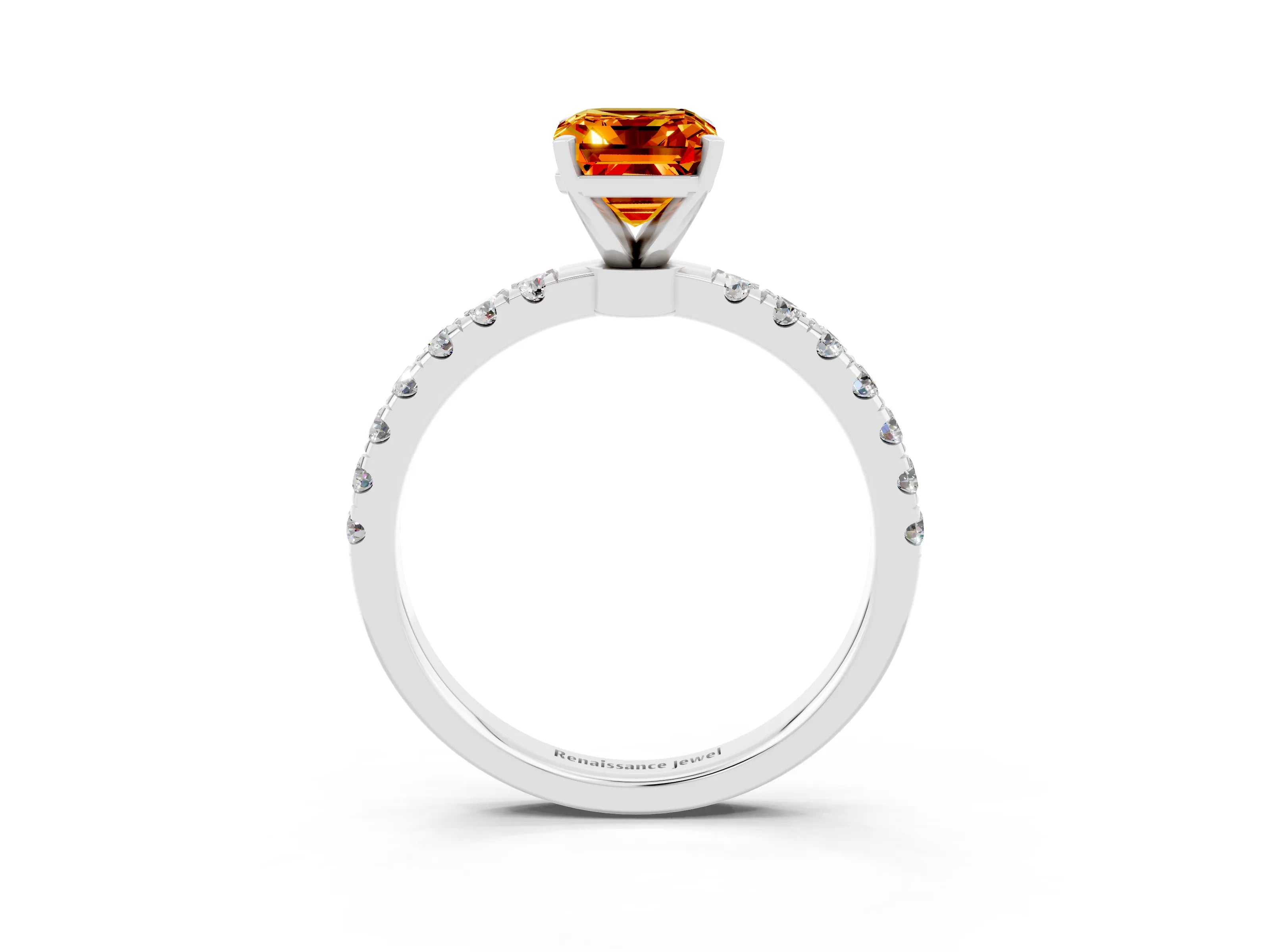 White gold Emerald Cut Citrine Solitaire Ring with Pavé Accents and Four-Prong Setting_3