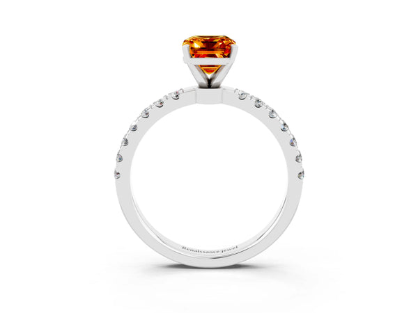White gold Emerald Cut Citrine Solitaire Ring with Pavé Accents and Four-Prong Setting