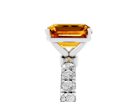 White gold Emerald Cut Citrine Solitaire Ring with Pavé Accents and Four-Prong Setting_5