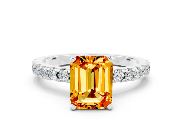 Silver Emerald Cut Citrine Solitaire Ring with Round  Pavé Band and Four-Prong Setting