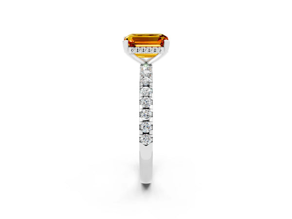 Platinum Emerald Cut Citrine Solitaire Ring with Round  Pavé Band and Four-Prong Setting