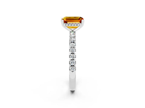 White gold Emerald Cut Citrine Solitaire Ring with Pavé Band and Four-Prong Setting_26