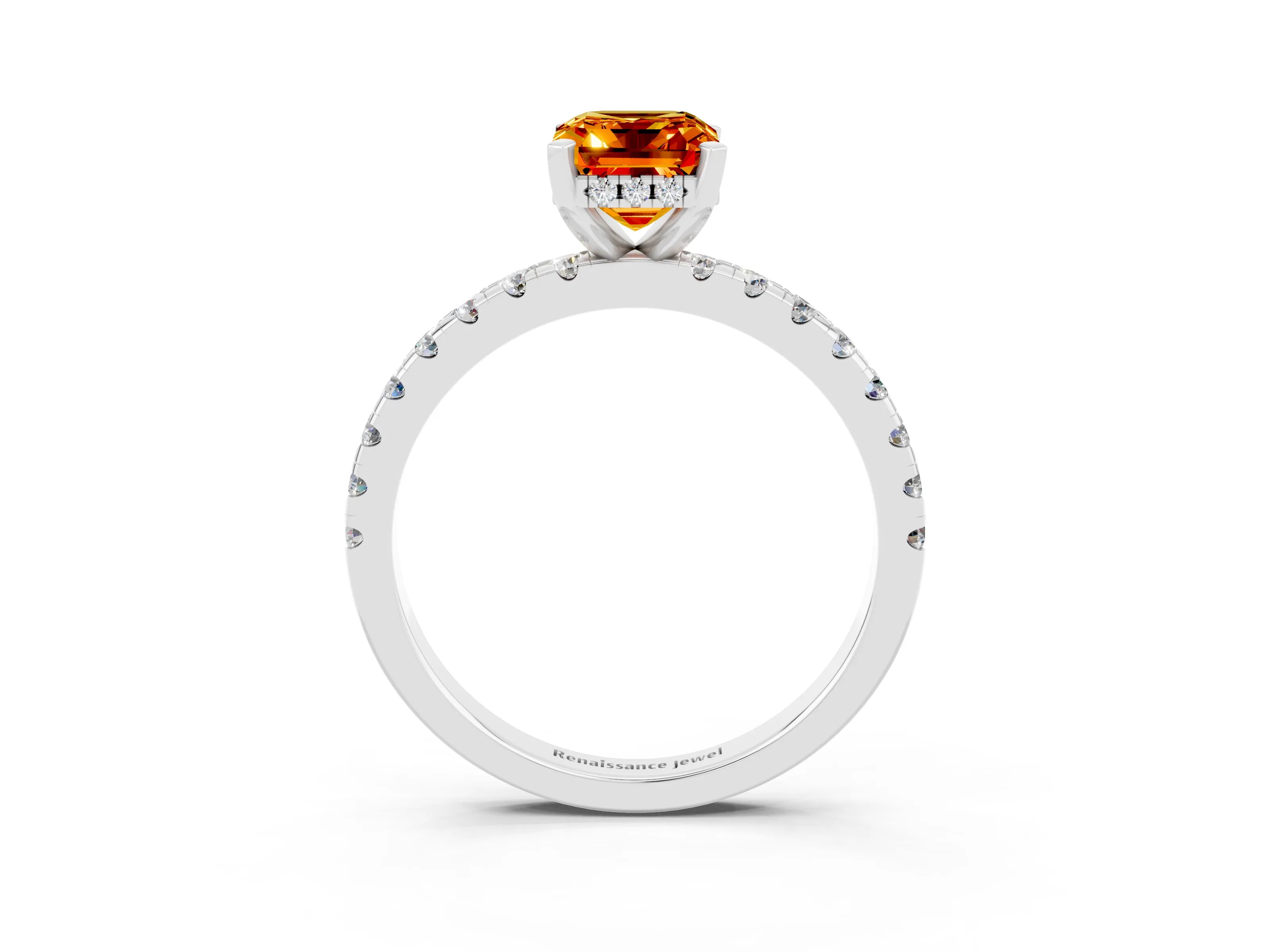 White gold Emerald Cut Citrine Solitaire Ring with Pavé Band and Four-Prong Setting_27
